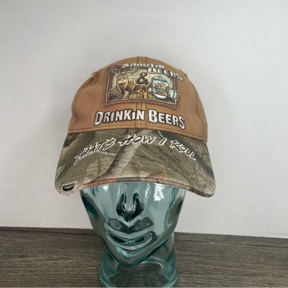 Buckwear Camo Cap with Embroidery Shootin Deer and Drinking Beer. OS. Distressed - Picture 1 of 12